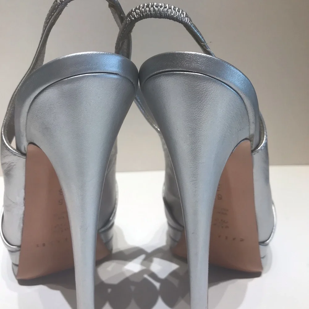 Casadei Silver Slingback Platform Heels with Gold Crystal Accent
